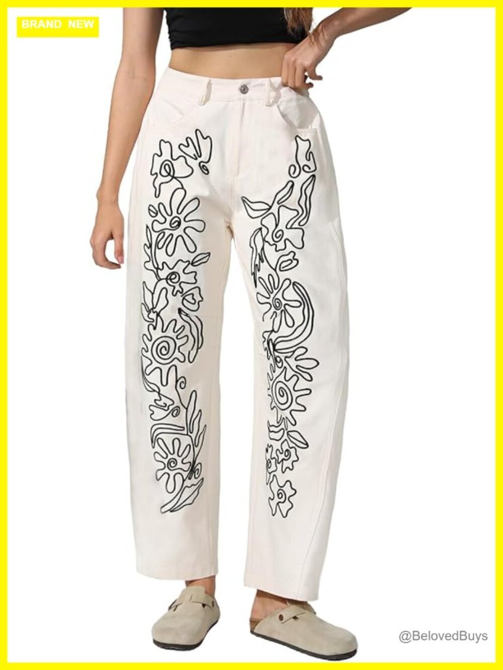 Embroidered Barrel Leg Baggy Boyfriend Jeans Mid Rise Wide Leg Denim